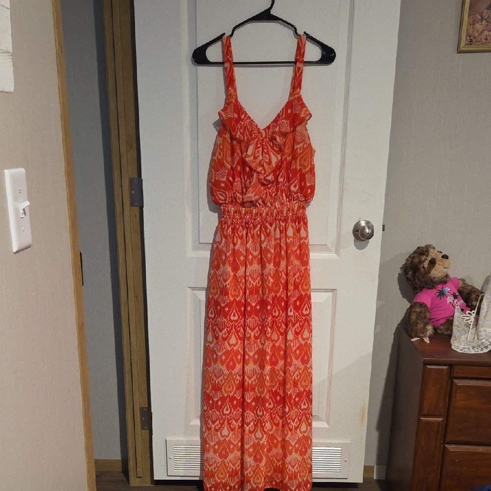 Faded Glory Orange and White Printed Maxi Dress